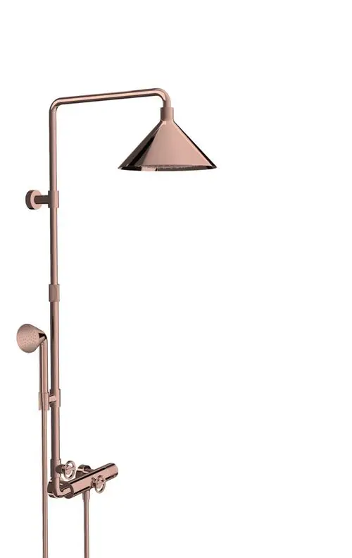 AXOR Duschset mit Thermostat, Kopfbrause und Handbrause in poliertem Rotgold, minimalistisch gestaltet, für die Wandmontage.